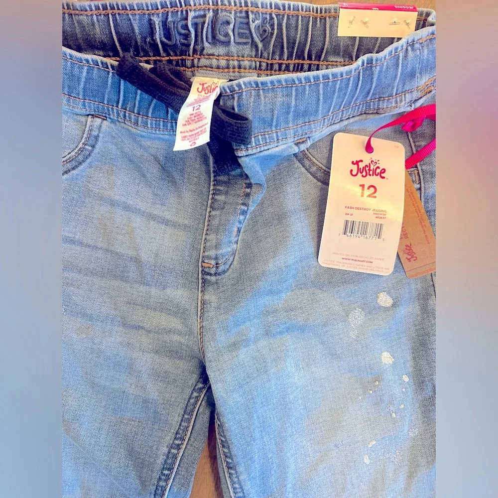 Justice Girls Denim Jeans Elastic Waist-Size 12 Distressed New W/ Tags!